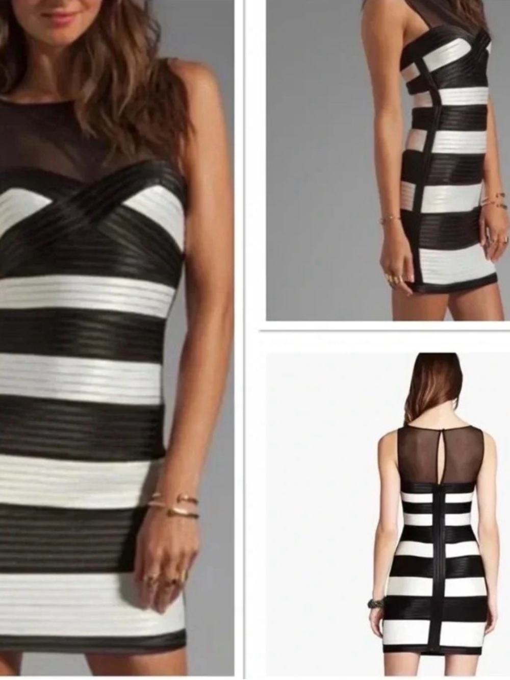 BCBGMaxAzria Black and White Striped Sheer-Panel Bodycon Mini Dress